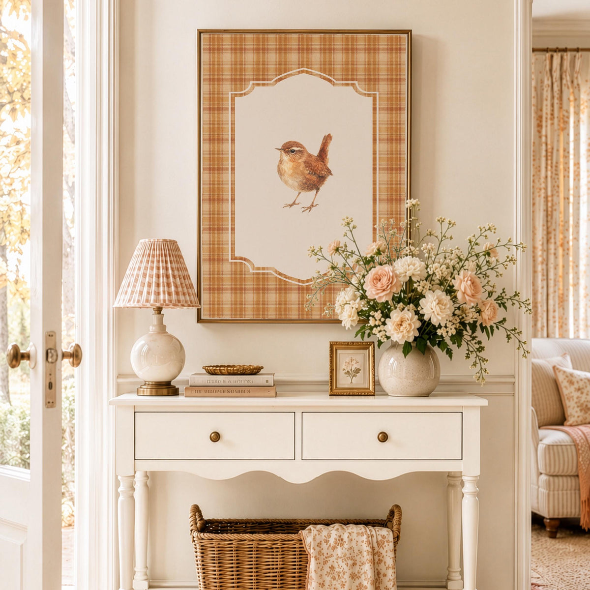 Fine art wren picture printable for gallery wall — charming cottagecore design with golden plaid pattern and soft brushwork