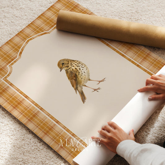 Golden-brown perched songbird wall art — printable country cottage style poster with decorative scalloped frame