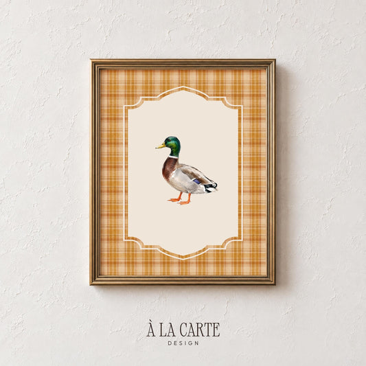 Vintage-inspired duck illustration poster for living room — watercolor style with decorative scalloped frame motif