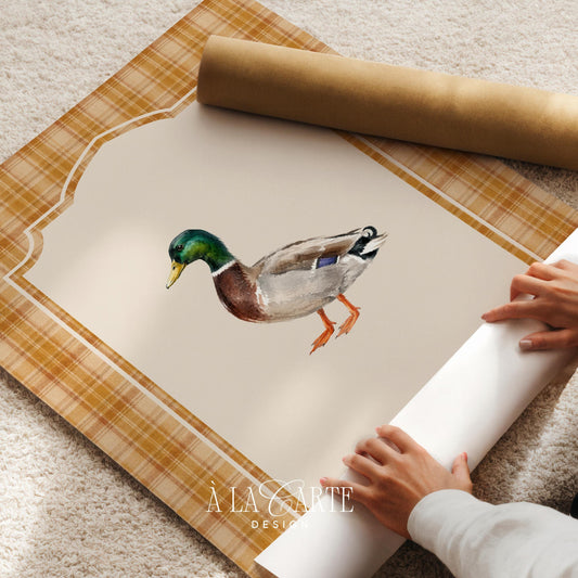 Mallard duck painting printable art for farmhouse — watercolor wildlife with green head and plaid background