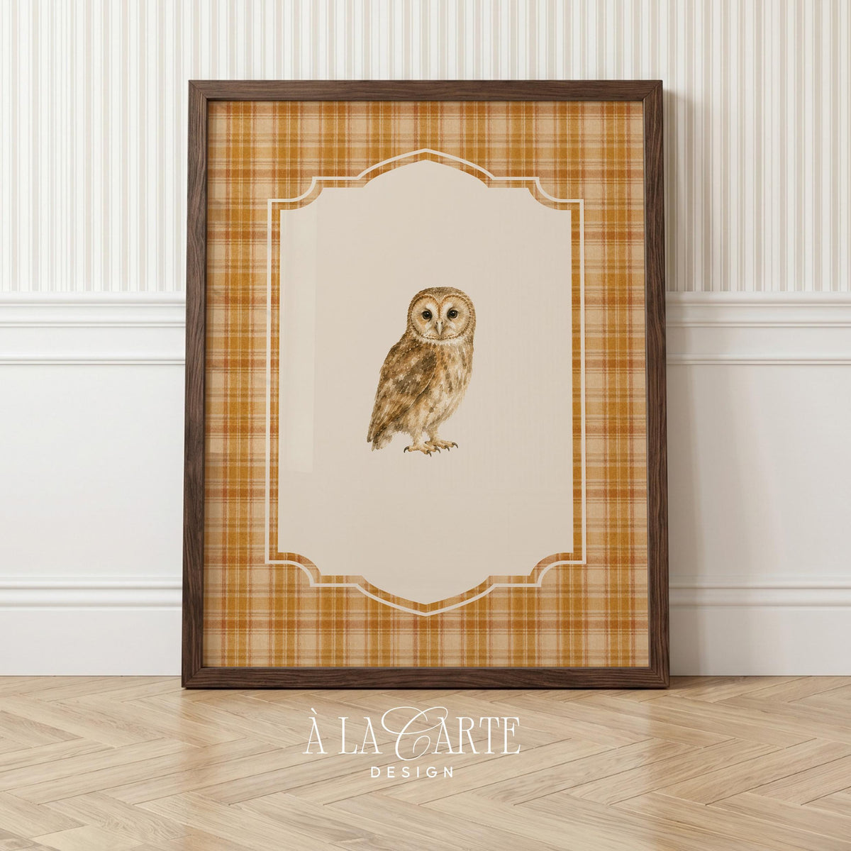 Nocturnal bird illustrated poster — cottagecore style wall decor with ornate scalloped motif and countryside charm