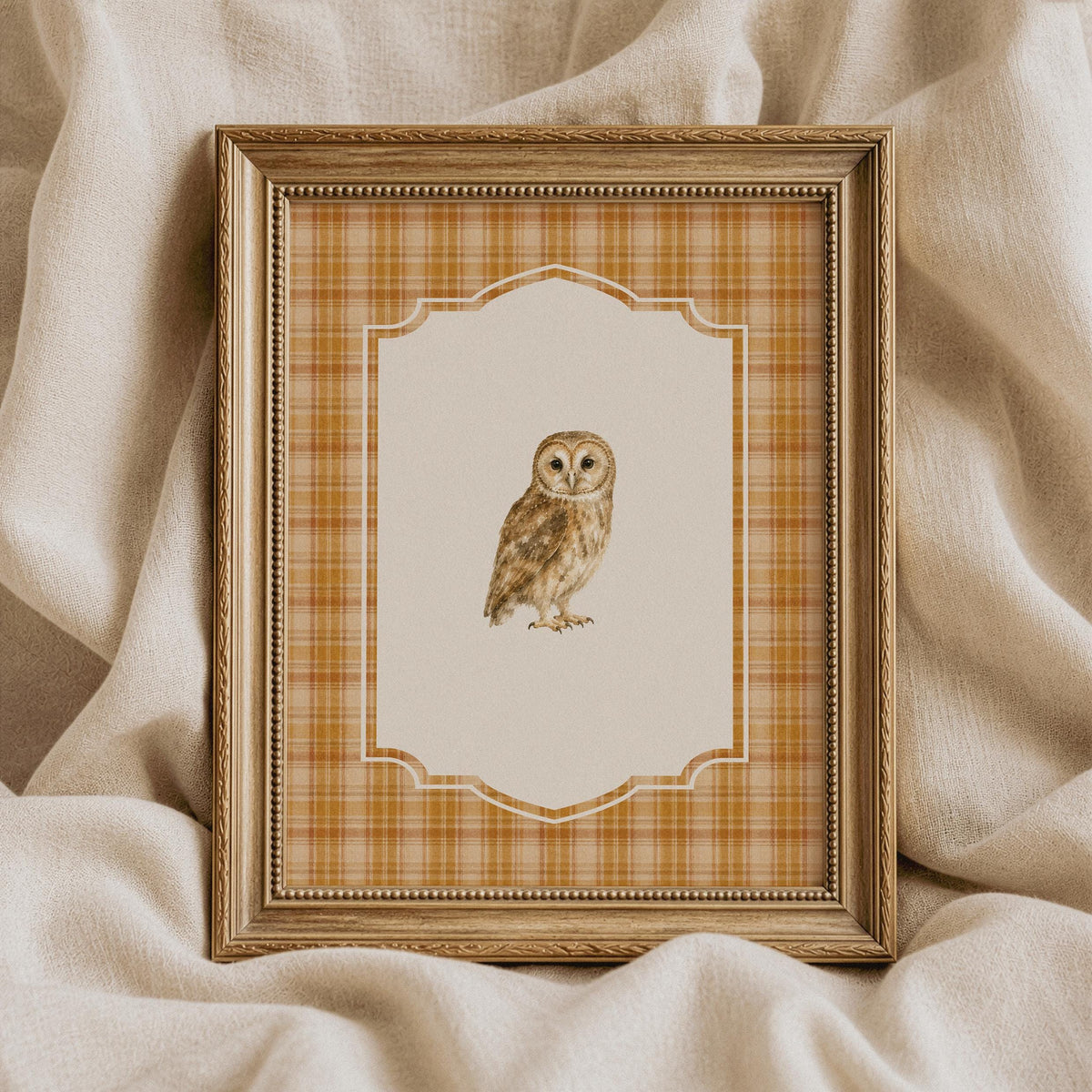 Owlet painting poster — cottagecore wall art featuring cream background and decorative scalloped frame with plaid border