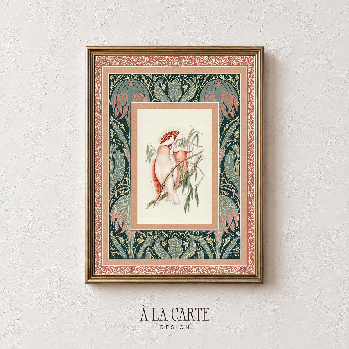Twin cockatoos instant download wall art — cottagecore botanical illustration in romantic hues