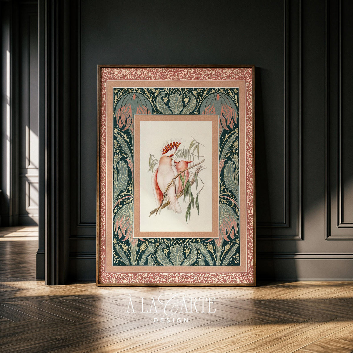 Antique avian portrait printable art — floral pattern frame with heritage textile aesthetic