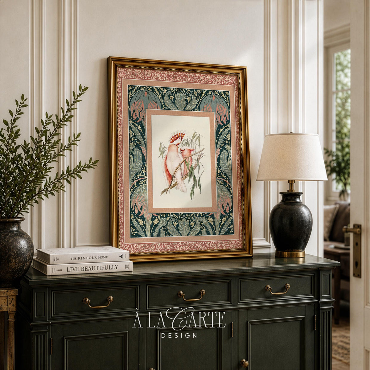 Romantic cottagecore bird poster art — botanical tapestry style with vintage naturalist charm