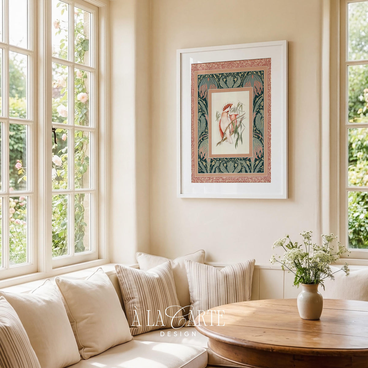 Twin parakeets digital print for gallery wall — French country aesthetic with decorative leaf pattern