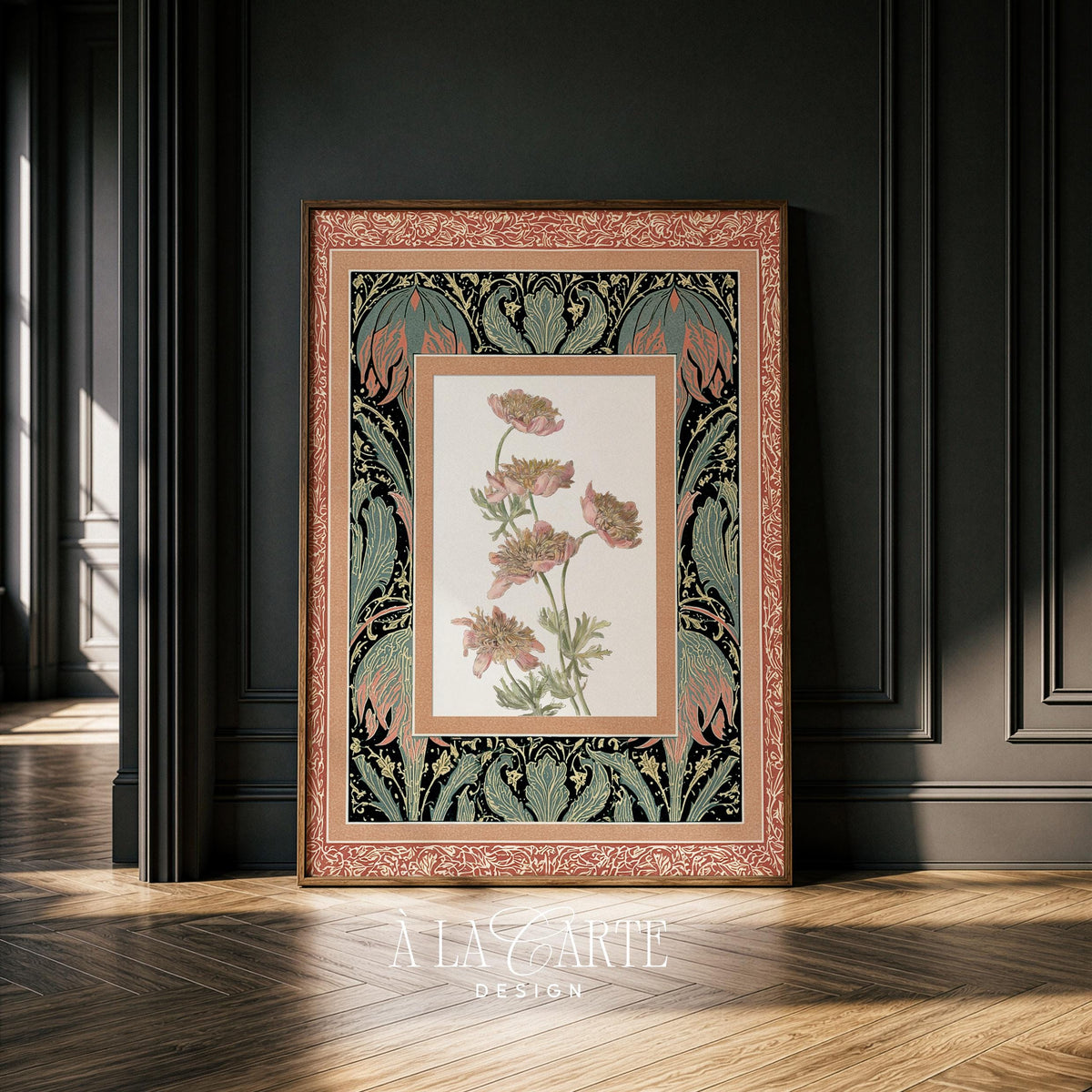 Heritage textile-style flower illustration printable art for powder rooms — delicate peony with decorative frame
