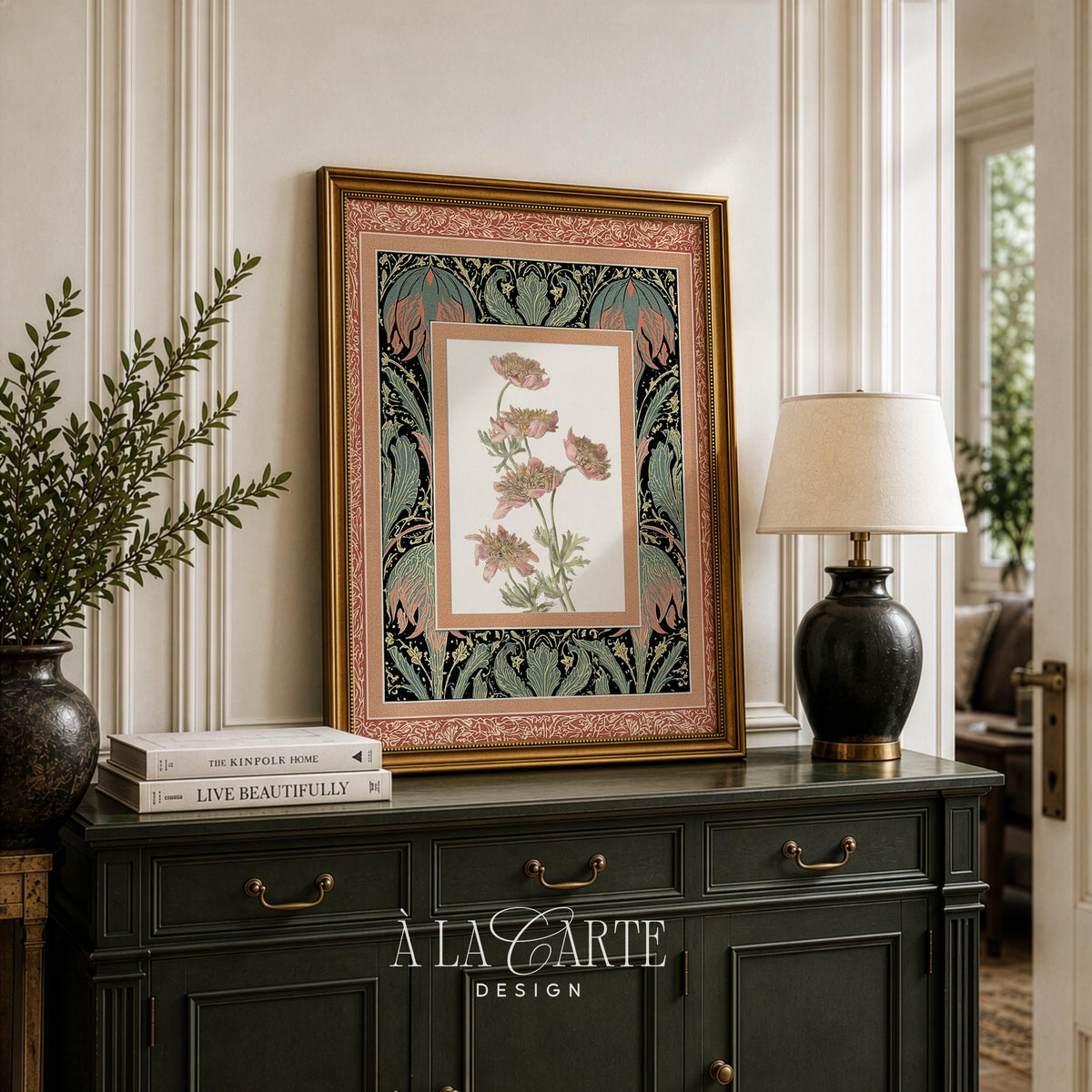 Vintage fabric art showing botanical study with elaborate decorative border — romantic botanical tapestry printable