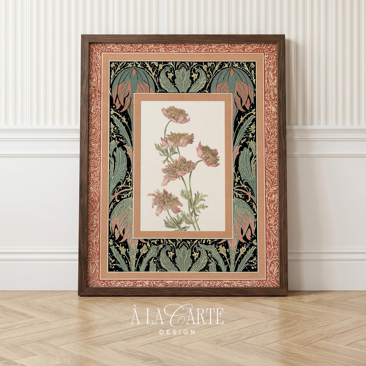 Soft pink botanical poster featuring ornate antique border design — romantic cottage core gallery wall artwork