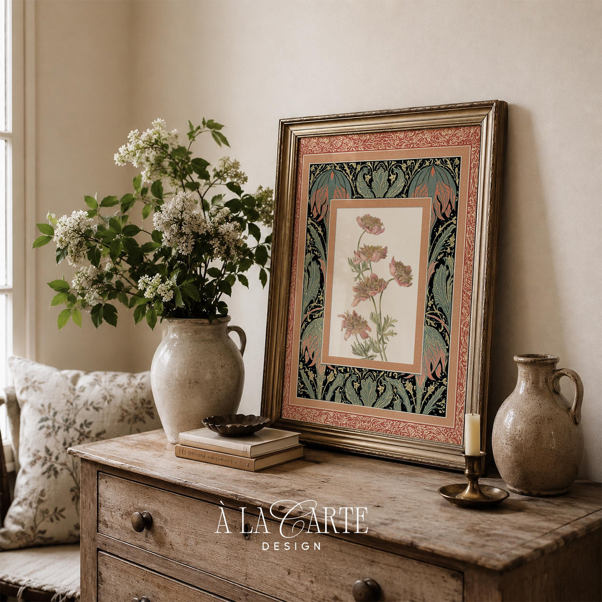 Cottagecore peony artwork with antique tapestry-inspired border design — botanical floral pattern printable for galleries
