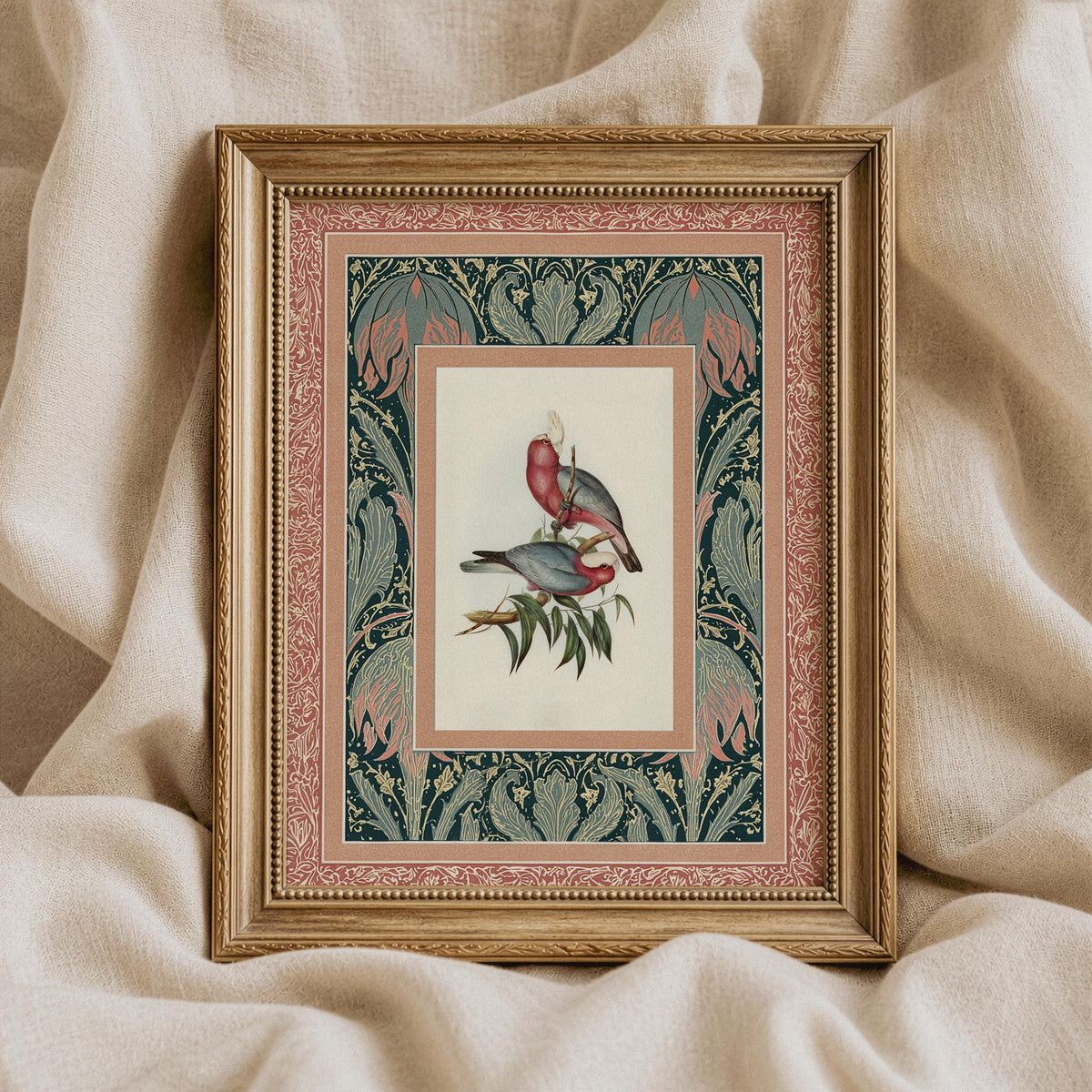 Grandmillennial floral pattern art with vintage bird pair — cottagecore printable with ornate heirloom aesthetic