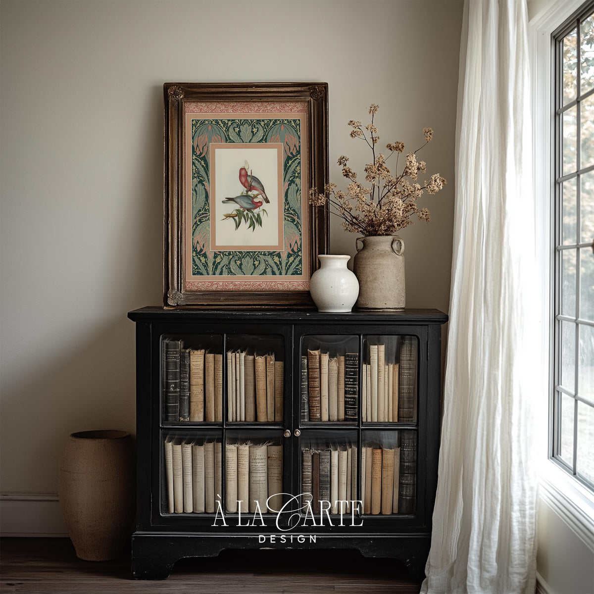 Botanical heritage wall decor featuring dual birds in muted tones — intricate linework and blush pink ornate border