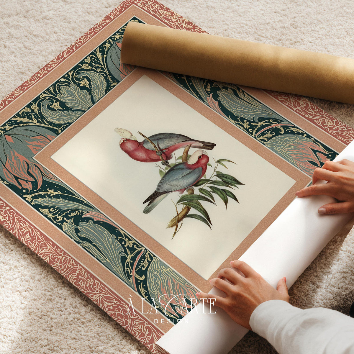 Elegant parrot picture for dining room — antique fabric art style with soft watercolor plumage and botanical elements