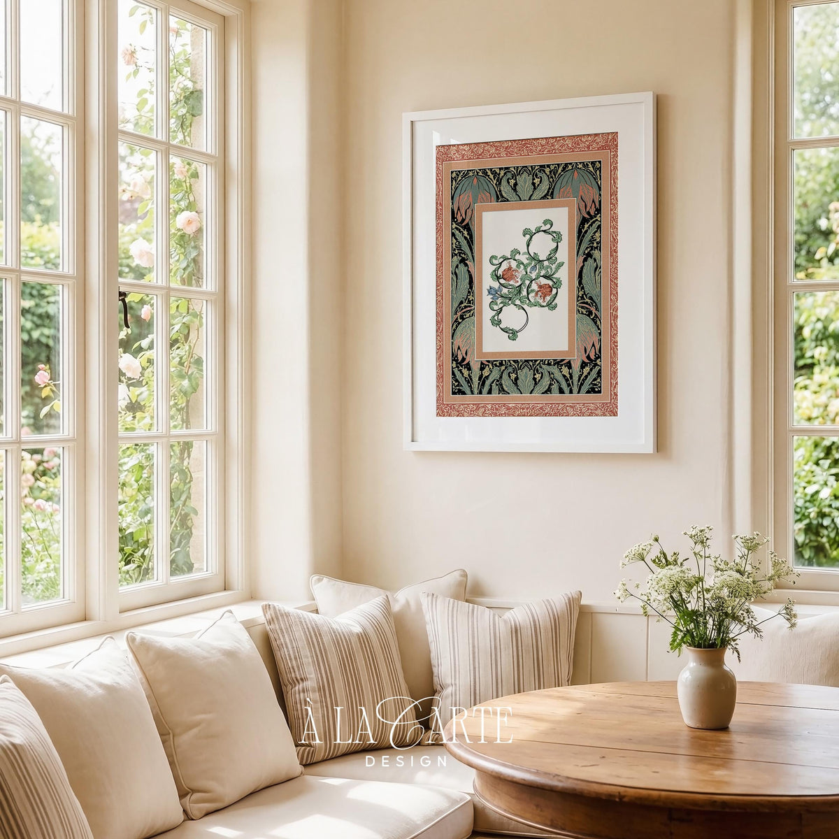 French country floral pattern art poster for living room — antique-inspired botanical design with heritage textile vibes