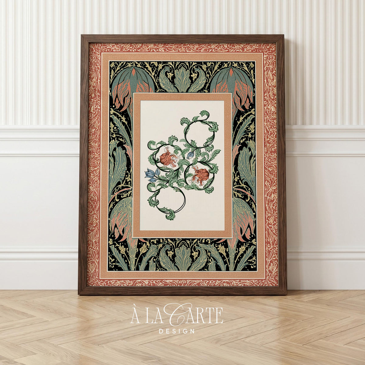 Romantic floral scroll picture printable for entryway — vintage cottagecore aesthetic with ornate leafy frame