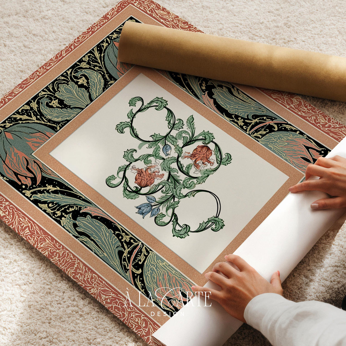 Vintage botanical print for gallery wall — decorative illustration with symmetrical vines and romantic blossom composition