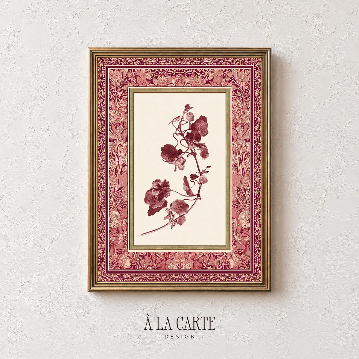 Botanical tapestry printable instant download — romantic pressed flower art with burgundy tones and ornate vintage border