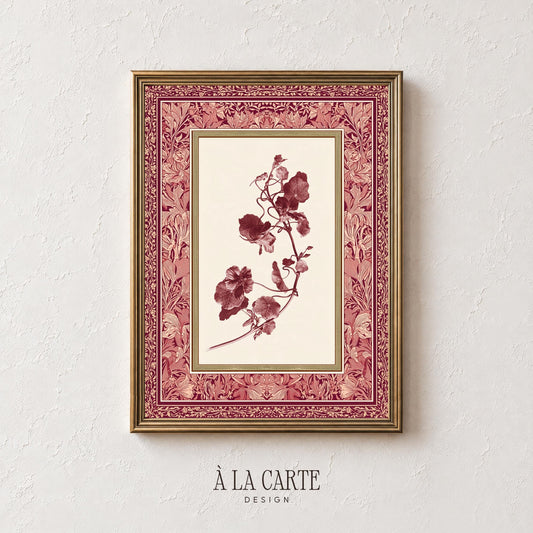 Botanical tapestry printable instant download — romantic pressed flower art with burgundy tones and ornate vintage border