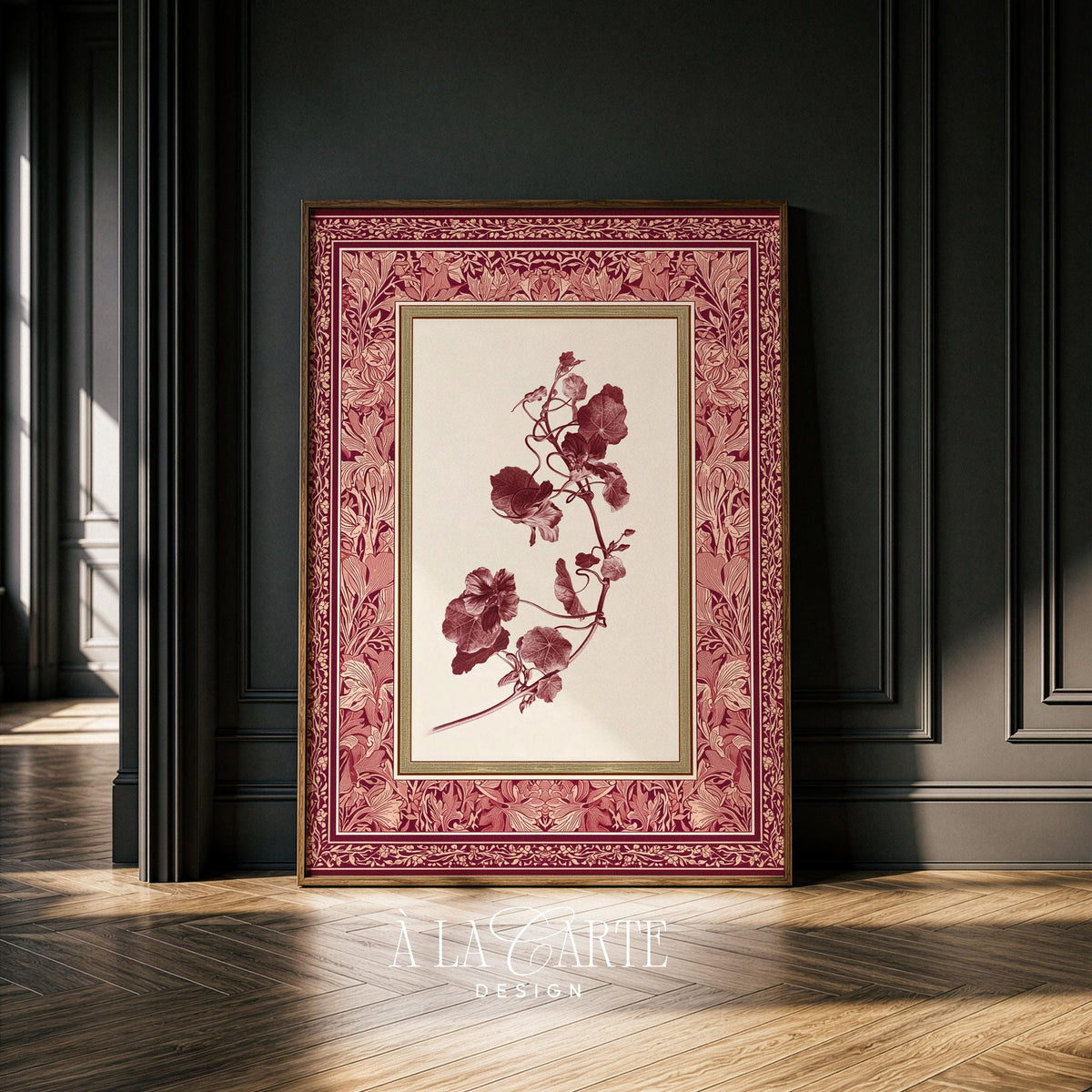 Grandmillennial floral poster for gallery wall — pressed botanical artwork in deep rose tones with elegant vintage ornamentation