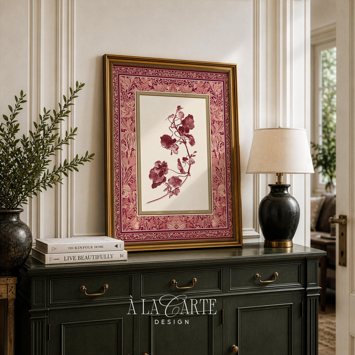 Heritage floral wall decor featuring burgundy branch illustration — cottagecore botanical artwork with delicate leaves and antique frame design