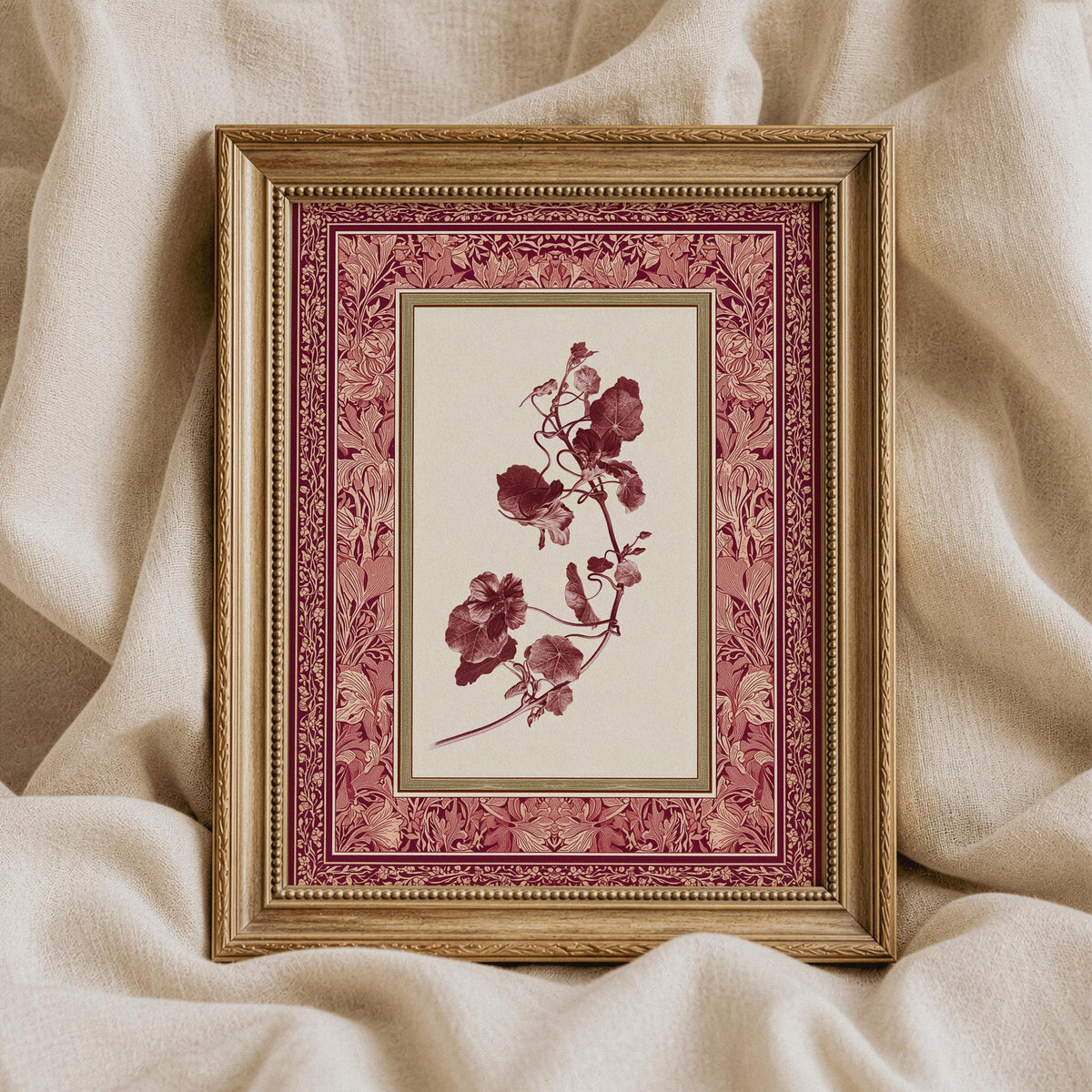 Pressed botanical branch printable art for bedroom — vintage burgundy flowers with ornate frame border and cream background