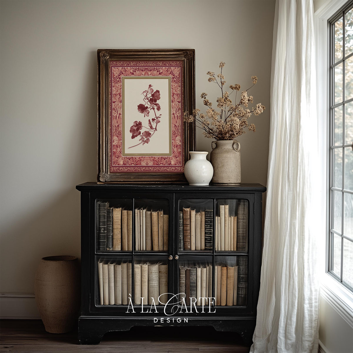 Grandmillennial botanical tapestry printable for gallery wall — burgundy and rose tones with ornate decorative framing