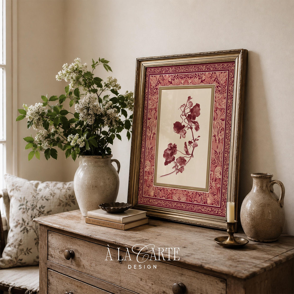 Floral pattern artwork featuring vintage botanical branch — cottage-core botanical print with cream background and patterned frame border