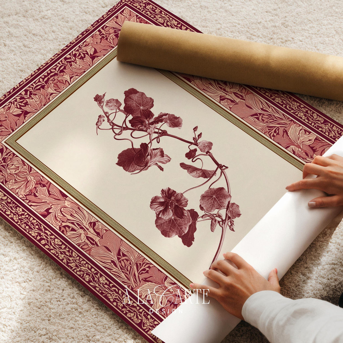 Romantic botanical branch digital print for bedroom — vintage pressed-flower aesthetic with ornate pink and burgundy patterned border