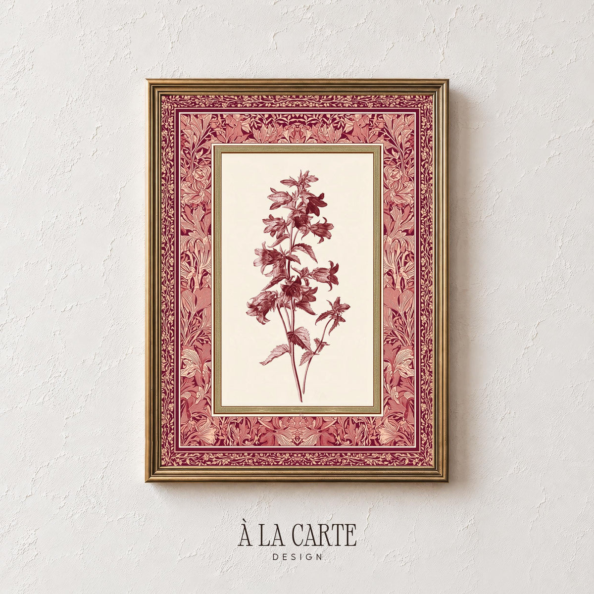 Cottagecore botanical poster art — cream background with hand-drawn stem and leaves framed by elaborate decorative border