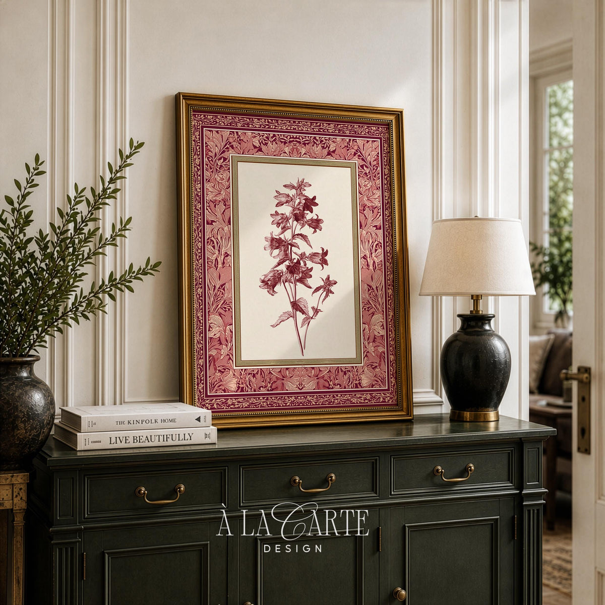 Heritage floral pattern wall art for dining room — botanical drawing with ornate burgundy border and romantic cottage style