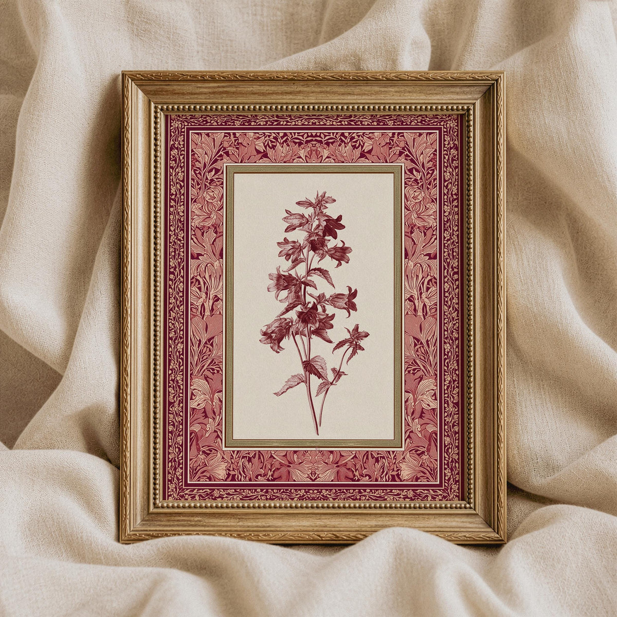 Single stem botanical illustration digital print for nursery — vintage feminine design with decorative border and antique wallpaper feel