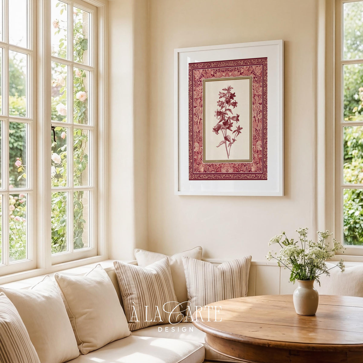 Botanical tapestry digital download — vintage flower stem artwork with intricate decorative frame in rose and burgundy tones