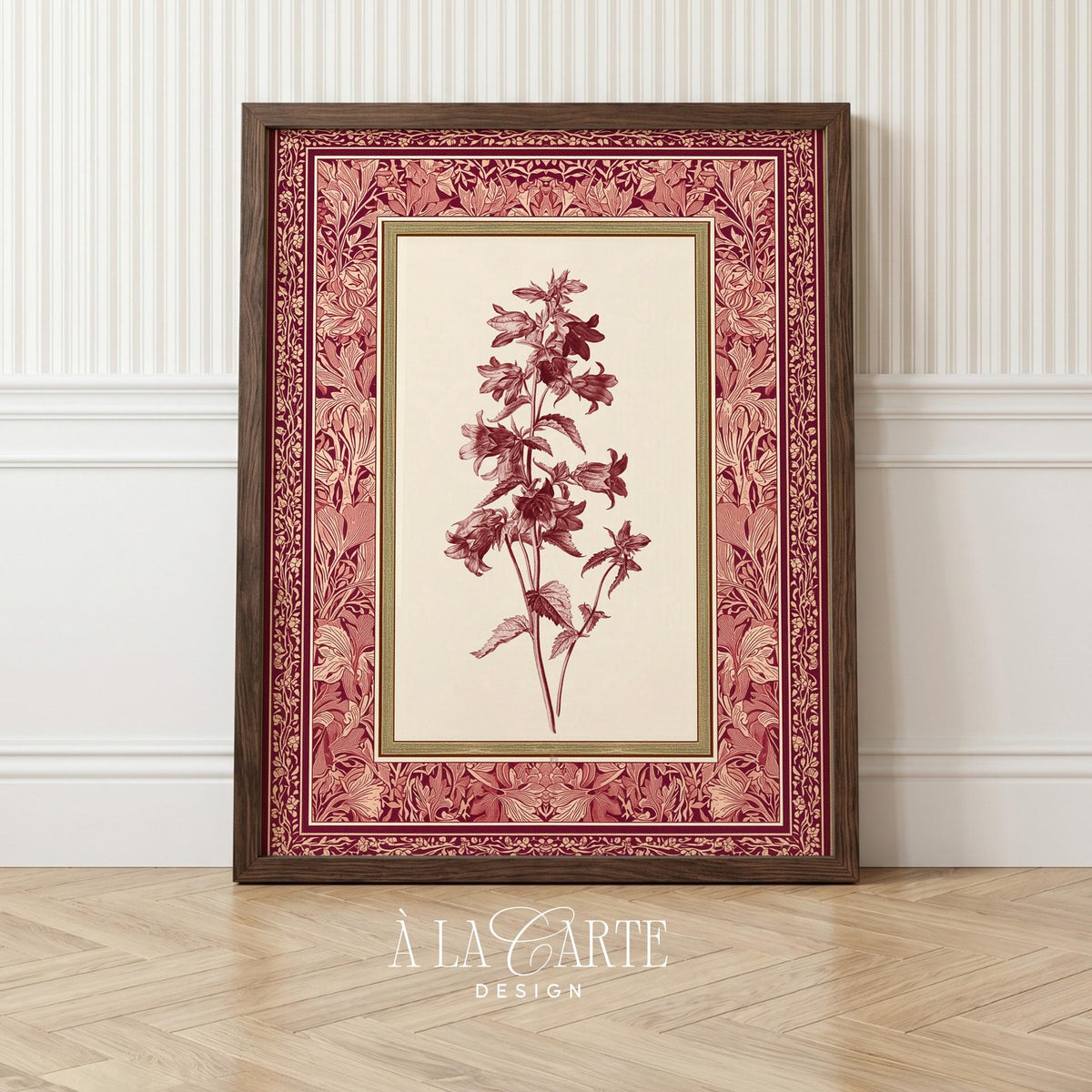 Vintage flower picture for gallery wall — detailed botanical study with rich burgundy accents and French country aesthetic