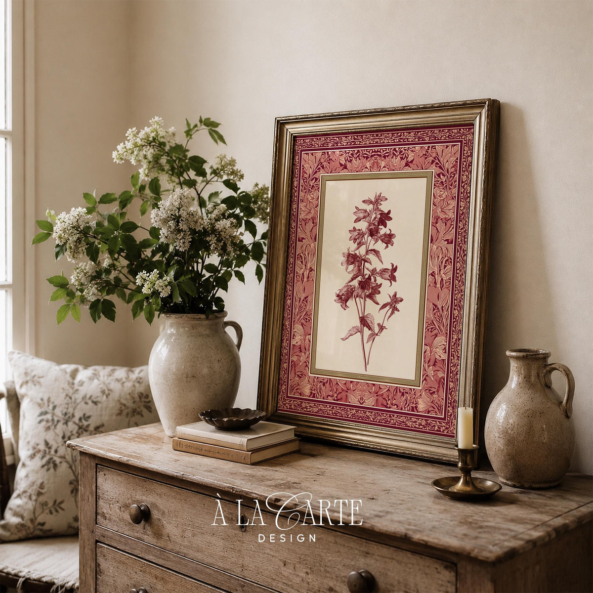 Delicate blossom botanical poster for powder room — cream background with detailed linework and heirloom-style ornate floral border pattern