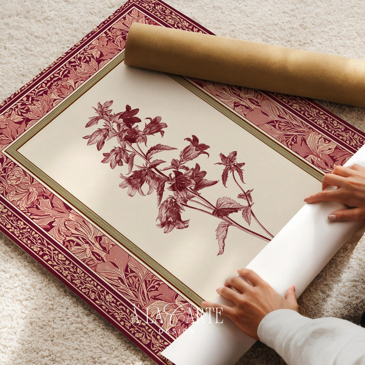 Vintage fabric art print featuring single stem flower — grandmillennial botanical design with patterned decorative frame