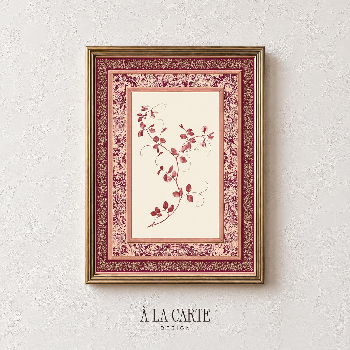 Delicate leaf and berry illustration printable art featuring cream background and antique floral frame design