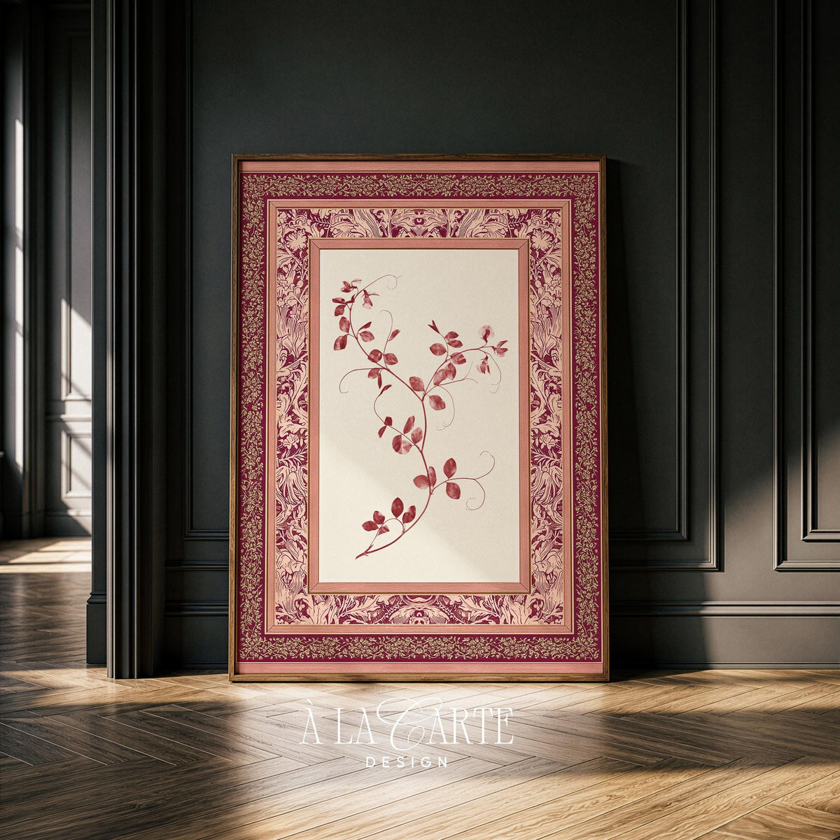 Grandmillennial cottagecore wall art featuring delicate foliage and ornate decorative border in burgundy tones