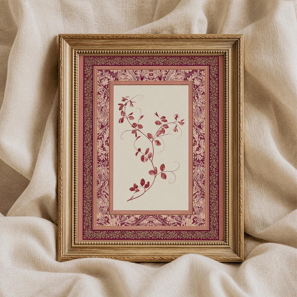 Vintage heritage textile-inspired poster showing trailing branch with berries and blush ornamental frame
