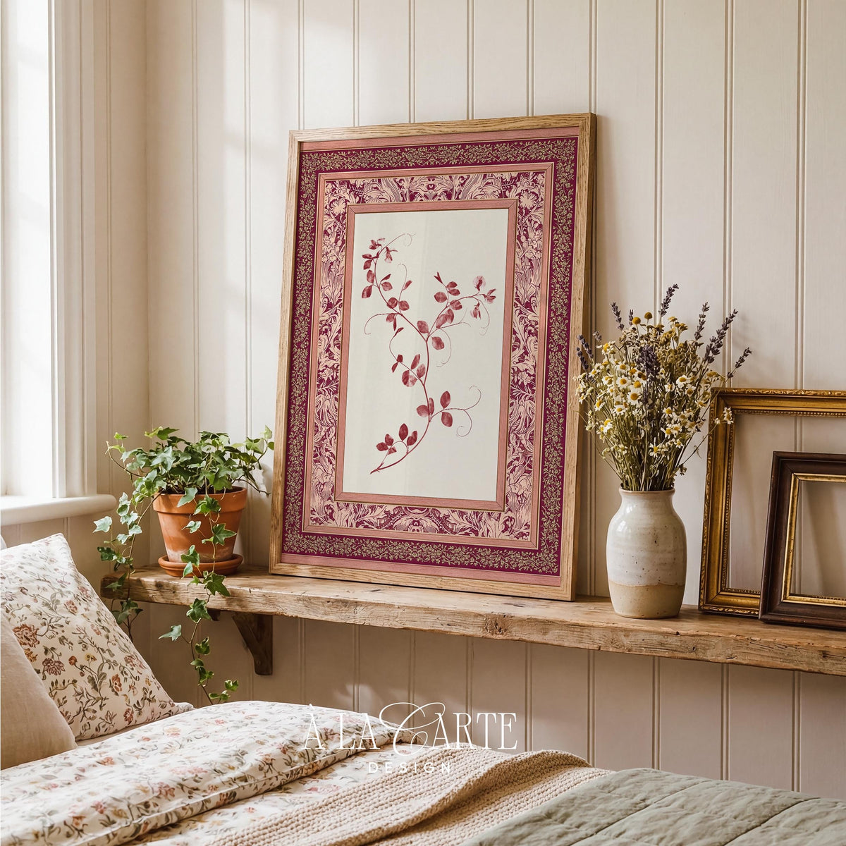 Romantic botanical tapestry wall art for living room — fine linework with intricate damask border and burgundy accents