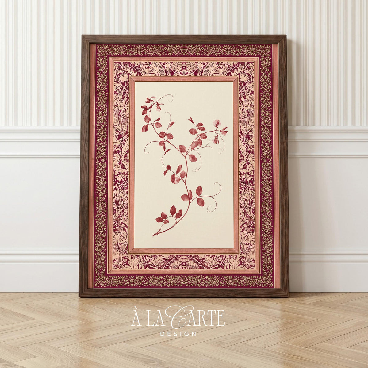 Burgundy botanical branch digital print with ornate damask border — vintage cottagecore wall art for bedroom