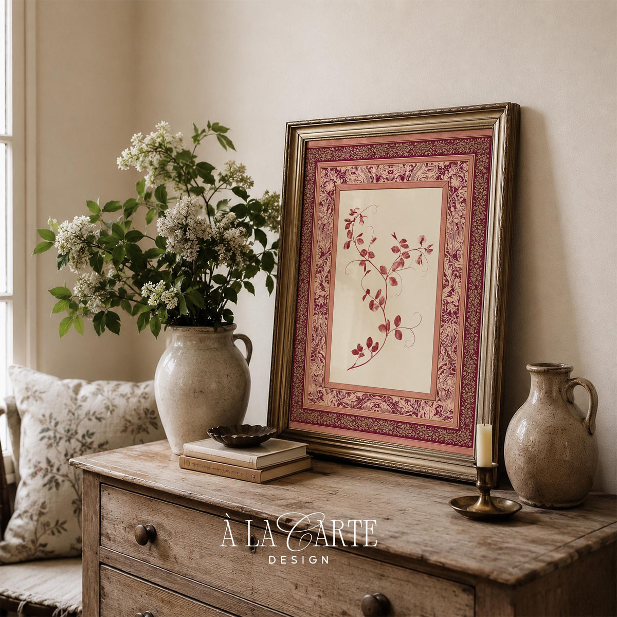 Antique fabric art design with botanical branch illustration and intricate heritage tapestry-style frame