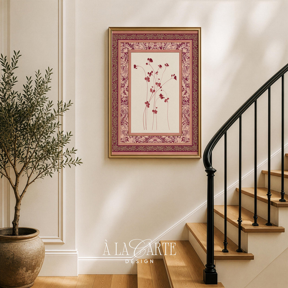 Vintage botanical poster featuring slender stems and buds — antique tapestry aesthetic with blush and burgundy accents