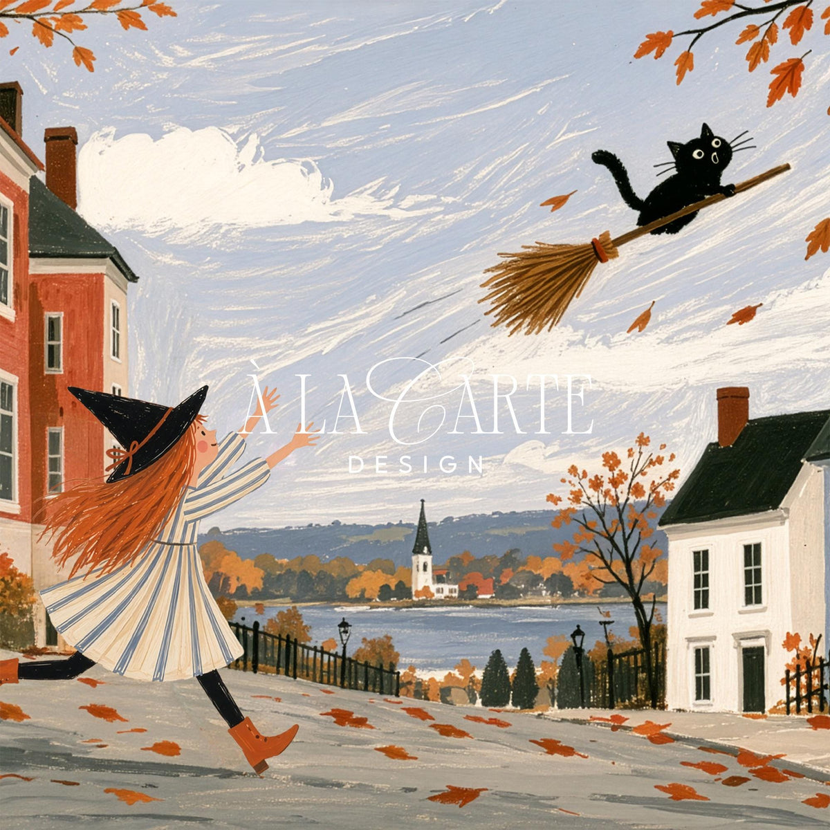 Whimsical Halloween TV art featuring witch character in small town setting — Samsung Frame TV download with vintage New England charm and warm orange palette