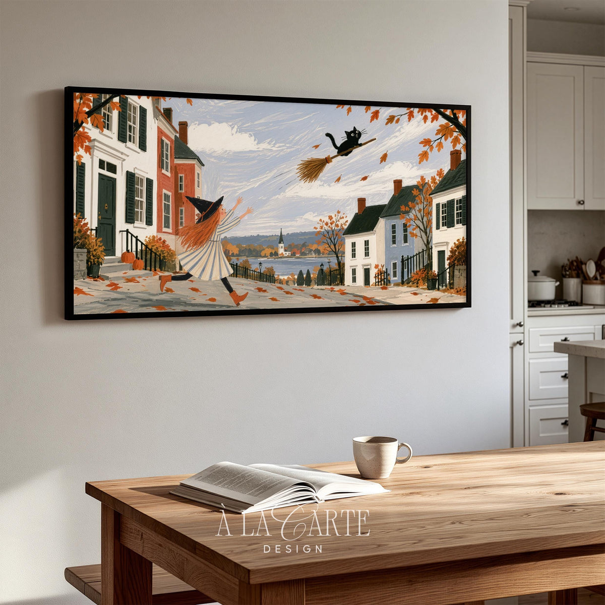 Sweet witch walking cobblestone lane surrounded by colonial houses — TV as painting art download, festive Halloween screensaver with nostalgic countryside mood