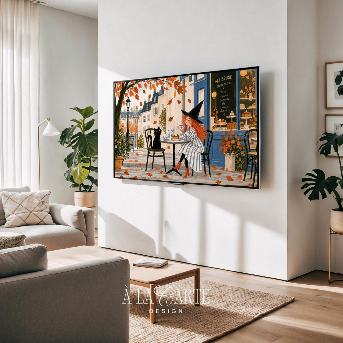 Autumn bistro TV as painting — cute seasonal artwork for Frame TV featuring magical tea scene, lamppost, potted flowers, and warm rustic ambiance