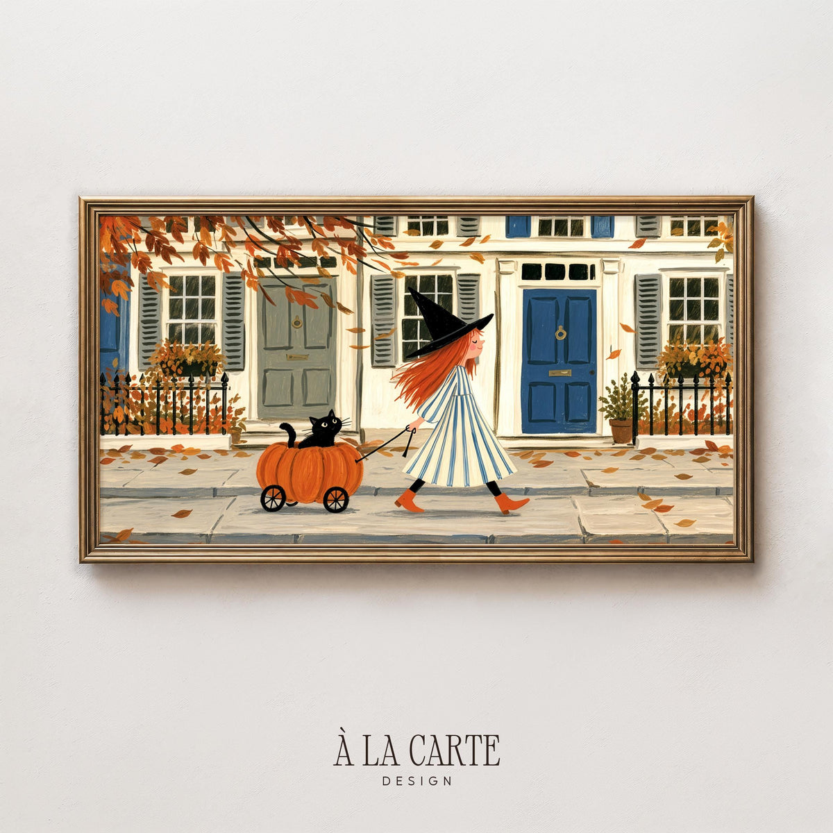 Pumpkin wagon TV as painting display — cozy fall Frame TV art for family room with potted plants and row house architecture