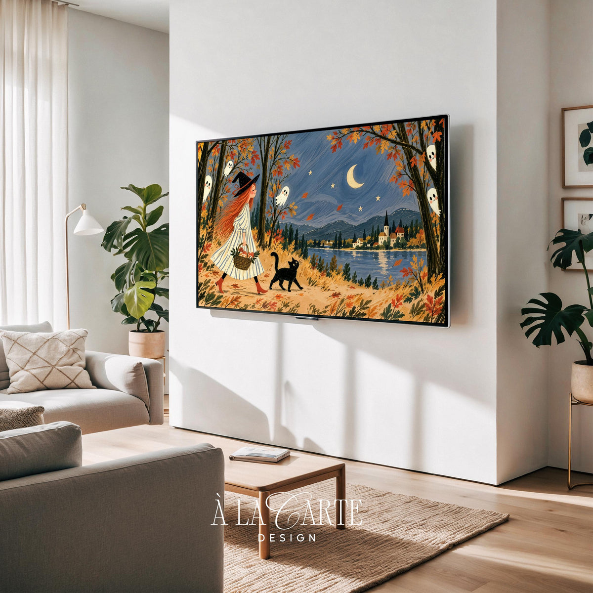 Halloween Frame TV art featuring young sorceress with harvest basket — cozy cottagecore woodland scene with friendly ghosts and golden foliage