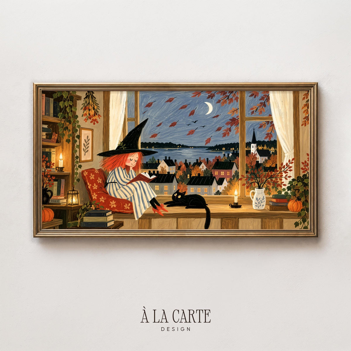 Autumn cottage scene Frame TV art featuring reading witch — kids frame TV art perfect for family room with storybook witch, flying birds, and cozy window-seat mood