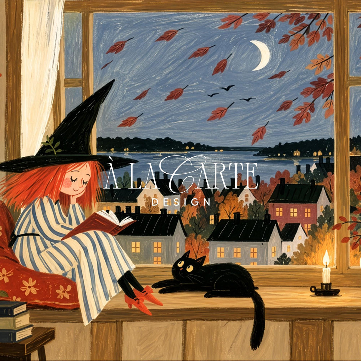 Cute bookish character in armchair with feline companion digital art for TV — whimsical fall frame TV art featuring pumpkin and autumn foliage