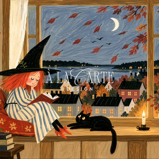 Cute bookish character in armchair with feline companion digital art for TV — whimsical fall frame TV art featuring pumpkin and autumn foliage